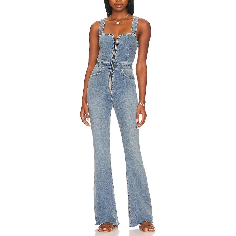 Free People Curvy 2nd Ave Denim Jumpsuit Y2K Open Back Flared Leg S A011427
